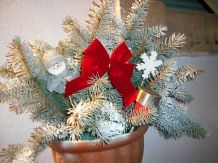 Treppenaufgang mit weihnachtlich aussehenden Blumenkästen