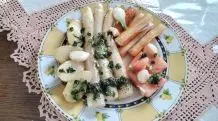 Spargel mit Kartoffeln, Surimi & gegrillter Melone