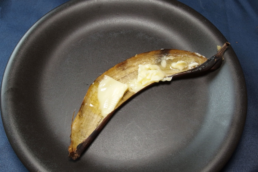 Eine mit Butter bestrichene Bananenschale als Rosendünger.