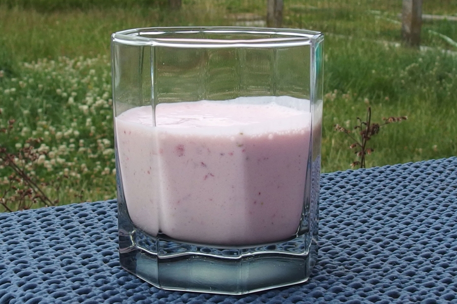 Köstlicher Trink-Erdbeer-Quark mit gefrorenen oder frischen Erdbeeren. Am besten gut gekühlt servieren.