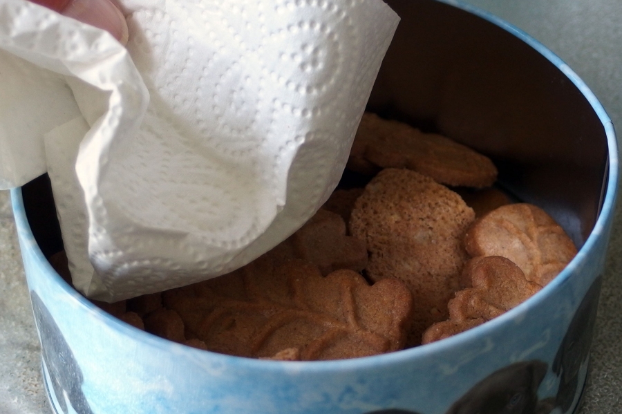 Mit Küchenpapier in der Plastikbox zerbröseln Kekse nicht so leicht.