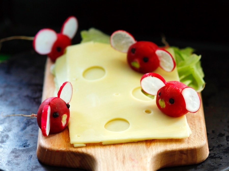 Niedlich sieht es aus, wenn man ein Stück Käse mit großen Löchern hat, und eine Radieschenmaus dort hinaus gucken lässt.