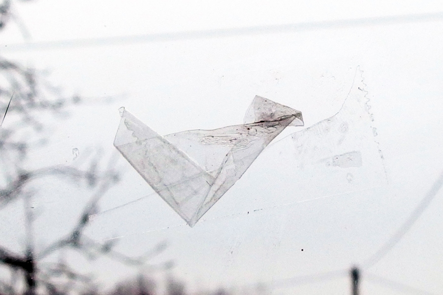 Mit einem Glaskeramikfeld-Schaber lassen sich Tesafilmreste von Glasscheiben entfernen.