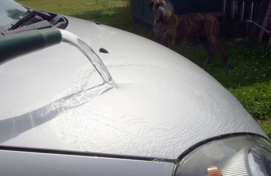 Auto mit Regenwasser waschen: Es trocknet von alleine, gibt auch keine Flecken und spart Poliermittel.