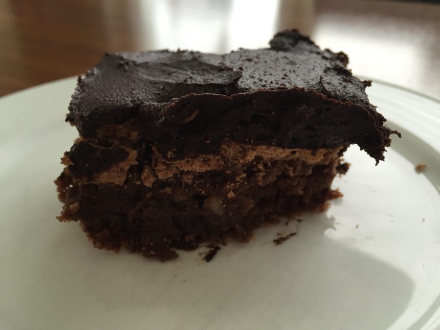 Fertiger Brownie mit Schokoladenzuckerguss auf einem Teller angerichtet.