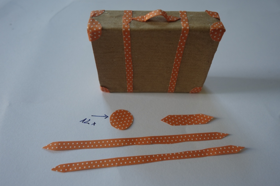 Für einen Koffer wird eine normale Streichholzschachtel gebraucht. Sie wird mit Origamipapier umklebt. Dann wie im Bild, zwei schmale lange Streifen aus anderem Papier schneiden und rechts und links um den Koffer kleben.