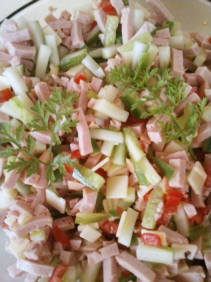 Sommerlicher Wurstsalat: Dazu schmeckt frisches Brot lecker und der Salat erfrischt uns im Sommer, wenn es heiß ist.