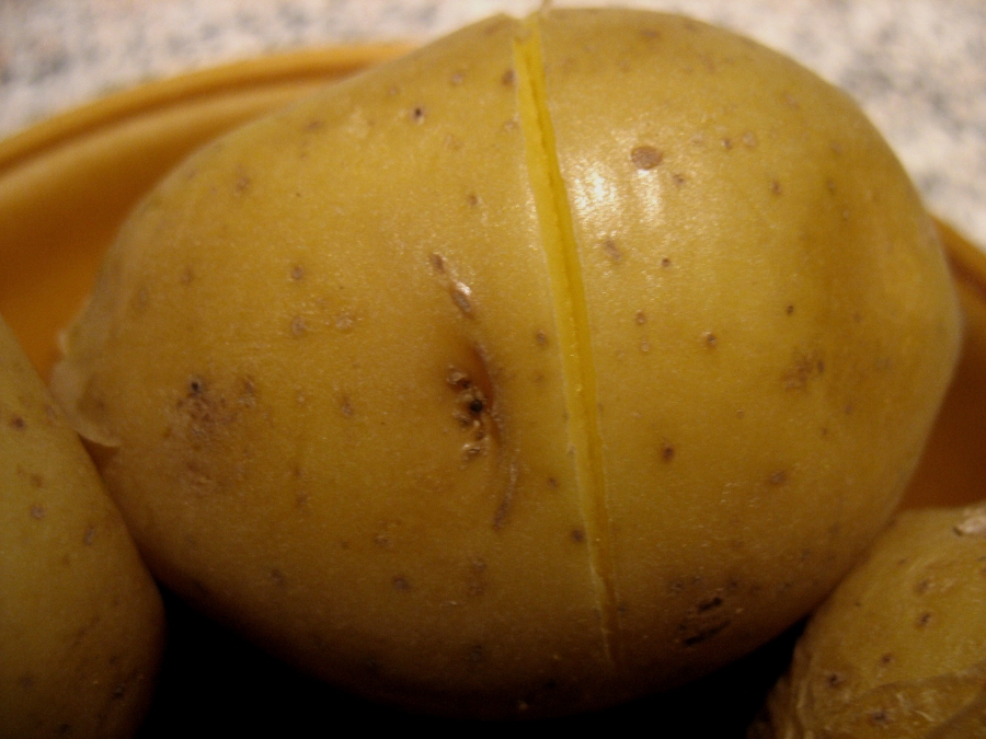 Man ritzt die Kartoffeln vor dem Kochen mit der Messerspitze rundherum leicht ein (nicht zu tief!). 
