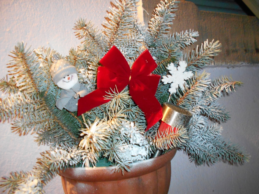 In jeden Blumenkasten habe ich ein paar weihnachtliche Stecker oder rote Schleifchen gesteckt und fertig dekoriert war der Treppenaufgang für Weihnachten. Zum Schluss habe ich noch ein bisschen künstlichen Schnee auf die Tannenzweige gesprüht.