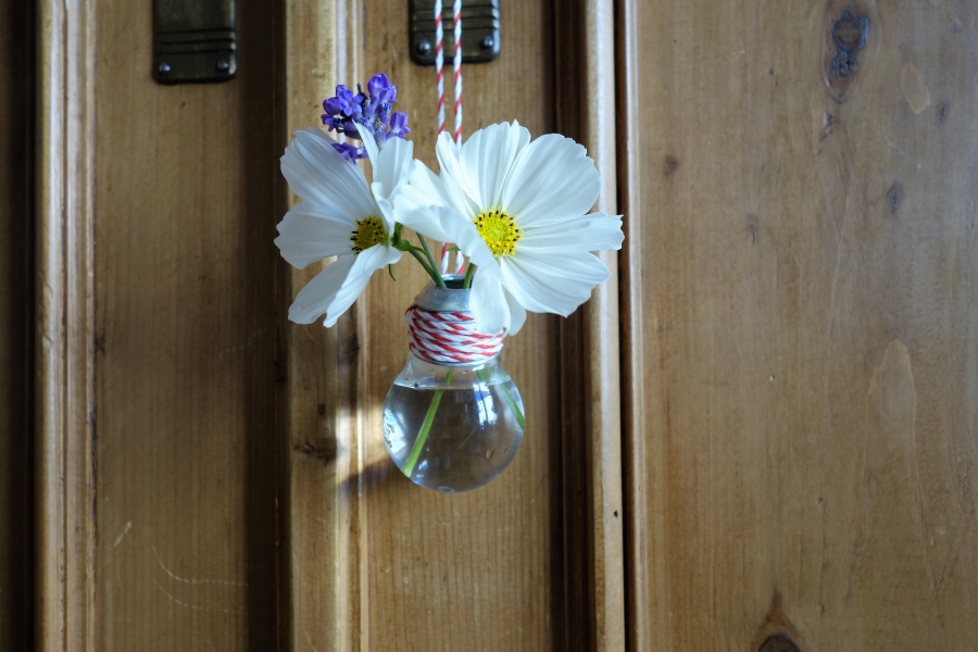 Aus einer alten kaputten Glühbirne lässt sich eine schöne Blumenvase basteln.