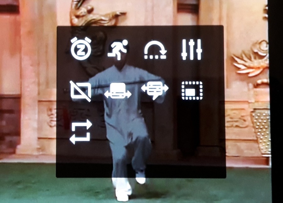 Klickt man auf das das zweite von rechts (drei Punkte neben einander), wird das laufende Videobild von einem schwarz unterlegten Bildschirm überlagert, der in weißer Schrift neun Symbole aufführt.