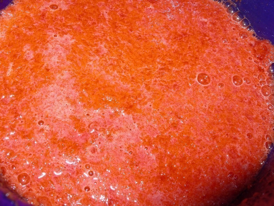 Zitronensaft und gewürfelte Paprika in einem Topf geben und mit dem Pürierstab zu Mus pürieren und zum Kochen bringen.