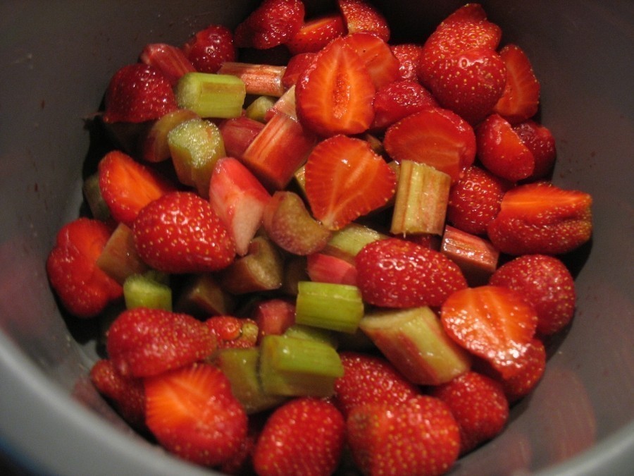 Die Rhabarberstückchen und halbierten Erdbeeren werden mit 1 ½ Esslöffeln Zucker in einer Schüssel vermischt.
