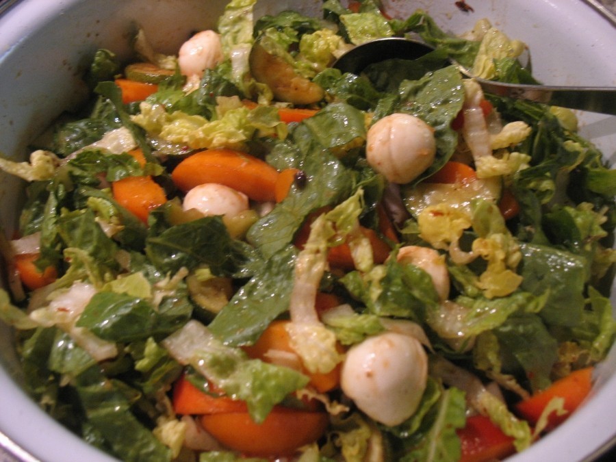 Zwiebel, Zucchini, Romana-Salatherzen, Salatgurke und Aprikosen werden in einer großen Schüssel vermischt und mit Salz und Pfeffer gewürzt. 