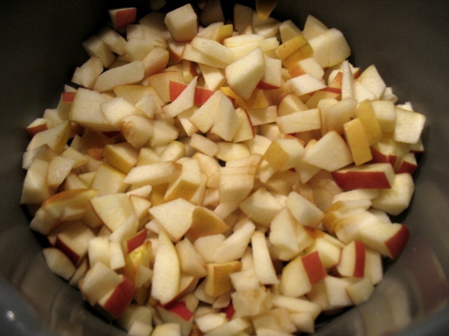 Die Äpfel werden gewaschen, in Viertel geschnitten, dann wird das Kerngehäuse entfernt und die Viertel werden in kleine Würfel geschnitten und mit einigen Spritzern Zitrone beträufelt.