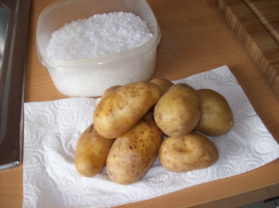 Man nimmt am besten möglichst gleich große bzw. gleich kleine Kartoffeln, wäscht diese sehr gründlich und gibt sie in einen Topf, worin sie gerade eben mit Wasser bedeckt werden. Hinzu kommen pro kg Kartoffeln 4 EL grobes Meersalz.