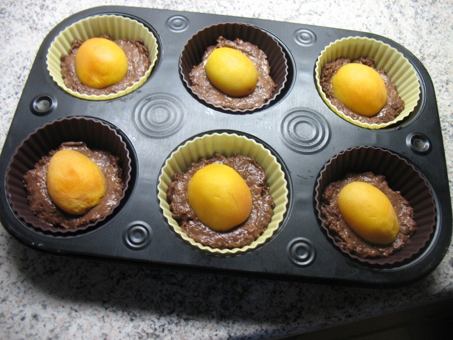 Die Muffinförmchen werden zunächst etwa bis zur Hälfte mit Teig gefüllt, dann legt man je eine halbe Aprikose darauf.