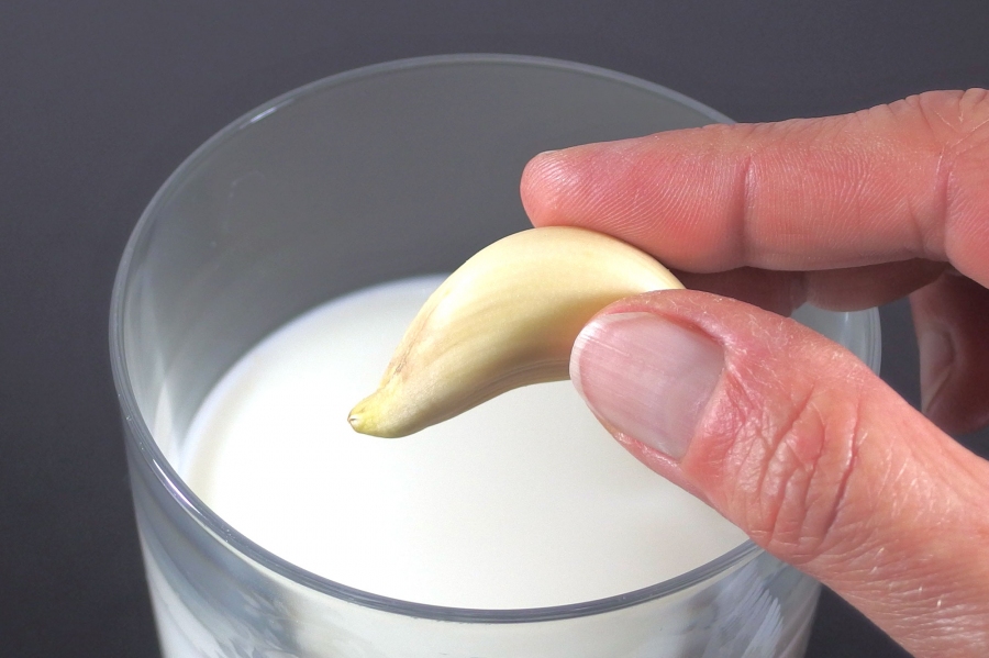 Knoblauchfahne vorbeugen mit Milch: Milch neutralisiert den Knoblauchgeruch und am nächsten Tag gibts kein böses "Erwachen".