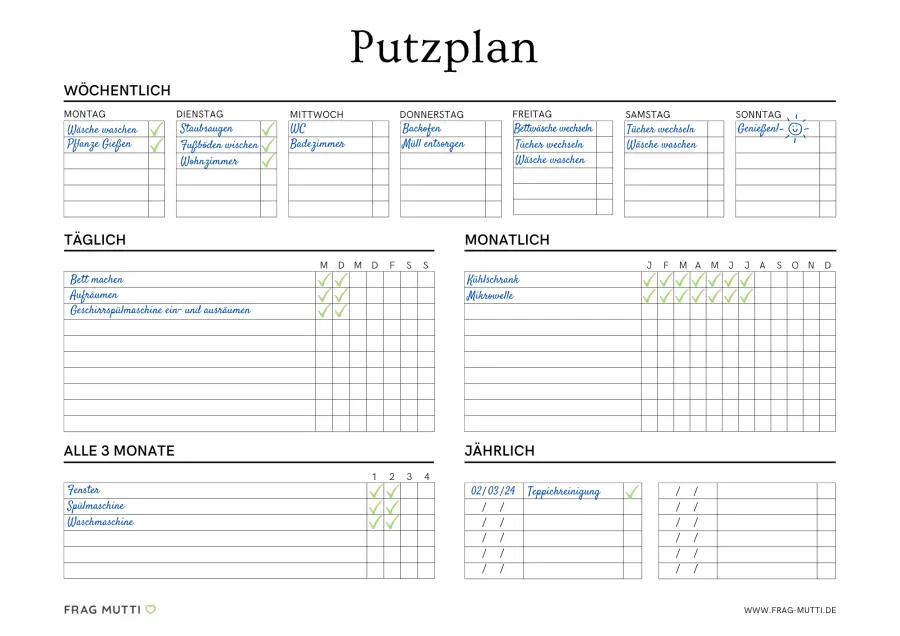 So kann dein Putzplan zum Beispiel aussehen. Du kannst zusätzlich hinter die Aufgaben in Klammern den Namen der zuständigen Person schreiben.