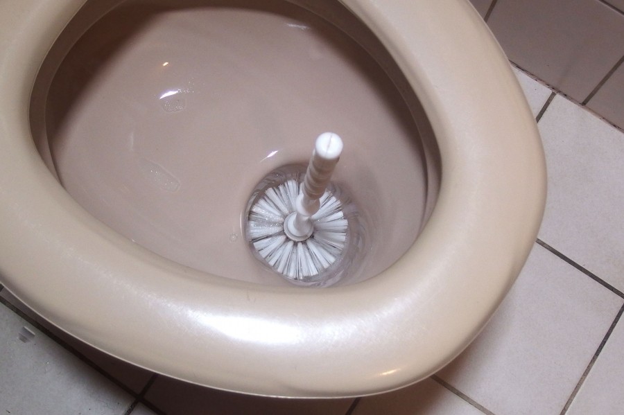 Während der Toilettenreiniger in der Toilette einwirkt, einfach die Klobürste in das Toilettenwasser stellen - so wird diese gleich mit gereinigt!