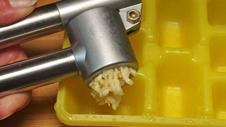 Klein gehackten Knoblauch praktisch in einem Eiswürfelbehälter einfrieren.