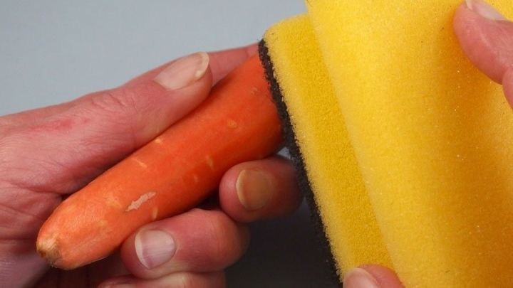 Mit einem neuen Scheuerschwamm kann man prima Möhren putzen.