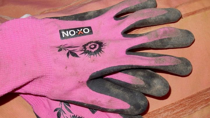 Schmutzige Gartenhandschuhe werden in der Waschmaschine häufig nicht sauber. Man kann die Handschuhe einfach anziehen, ein bisschen flüssiges Waschpulver nehmen und die Hände solange unter fließendem Wasser waschen, bis der ganze Schmutz entfernt ist.