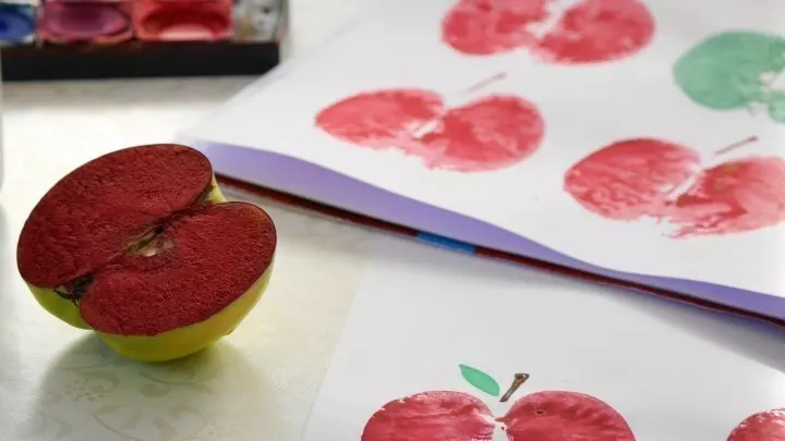 Den Apfel mit einem großen Messer halbieren, darauf achten, dass er mit einem Schnitt gerade durchgeschnitten wird. Die Farbe auftragen und auf das Papier drücken.