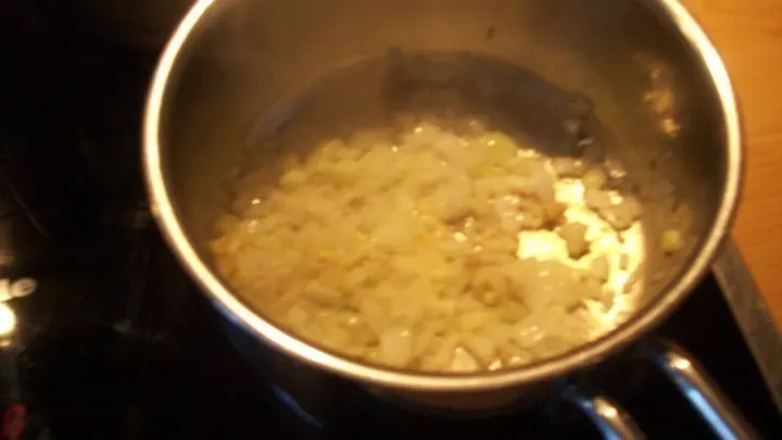 Zwiebel und Knoblauch kommen mit einem EL vom Olivenöl in einen Topf und werden kurz glasig angeschwitzt.