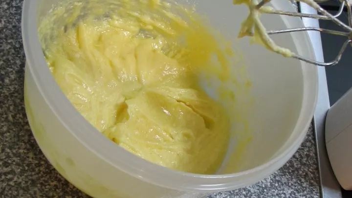 Butter, Zucker, Salz, Eiweiß, Mehl und Backpulver in eine Schüssel geben und mit dem Mixer zu einem Blitzrührteig verquirlen.