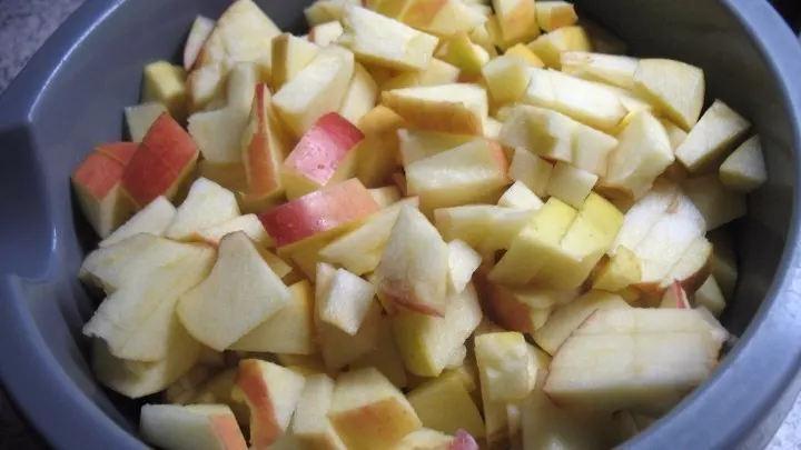 Die Äpfel werden gewaschen, dann geviertelt, vom Kerngehäuse befreit und in kleine Stücke geschnitten.