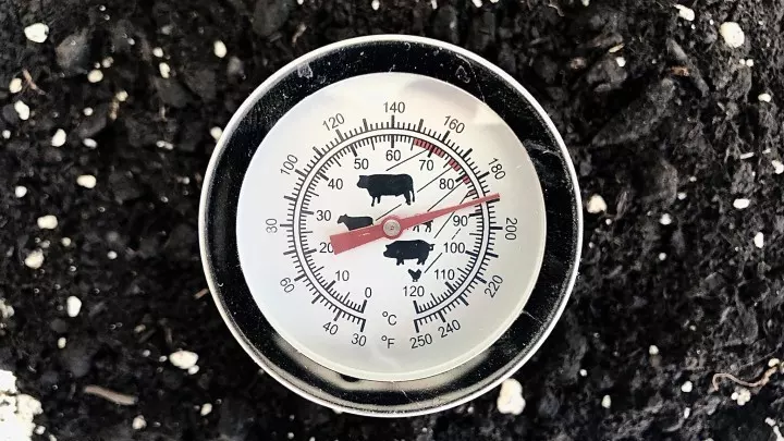 Eine Testmessung mit dem Küchenthermometer ergab nach 5 Minuten noch eine Innentemperatur der Blumenerde von ca. 90 °C.