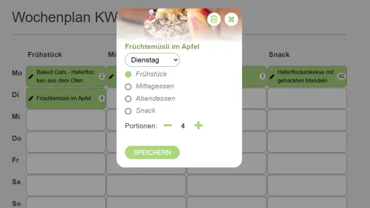 Klickst du auf den Stift links neben dem Rezeptnamen, kannst du das Gericht an einer anderen Stelle einplanen und die Portionen anpassen.