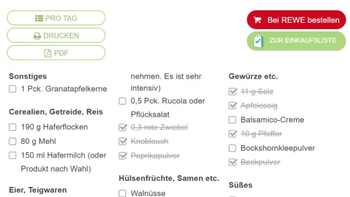 Hast du Salz, Pfeffer und Co. schon zuhause vorrätig? Streiche es einfach von deiner Liste, indem du auf die jeweiligen Zutaten klickst.