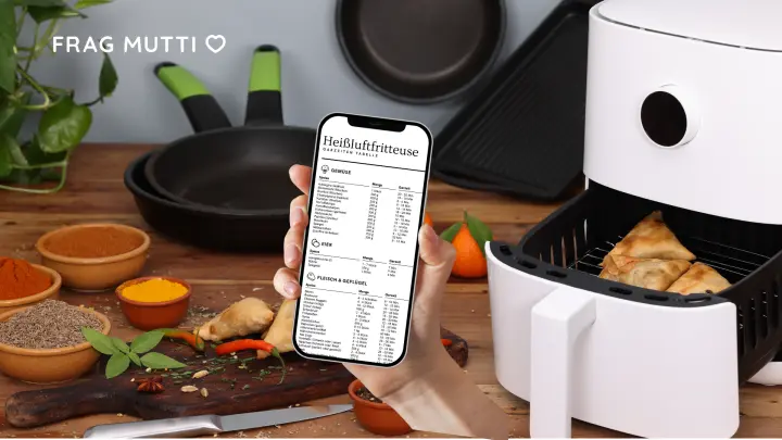 Lade dir die Garzeiten-Tabelle einfach als PDF herunter, direkt auf dein Handy! So weißt du immer Bescheid, wie du ein leckeres Heißluftfritteusen-Gericht zaubern kannst.