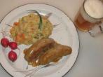 Bratwurst in Zwiebelsauce mit Gemüsestampf