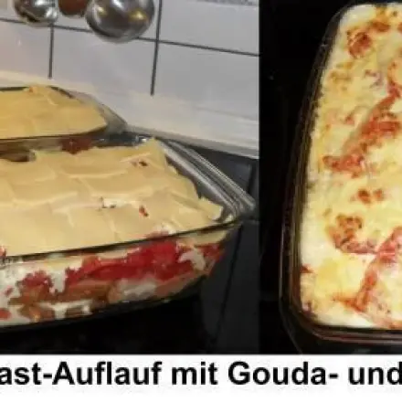 Tomaten-Toast-Auflauf mit Gouda und Höhlenkäse