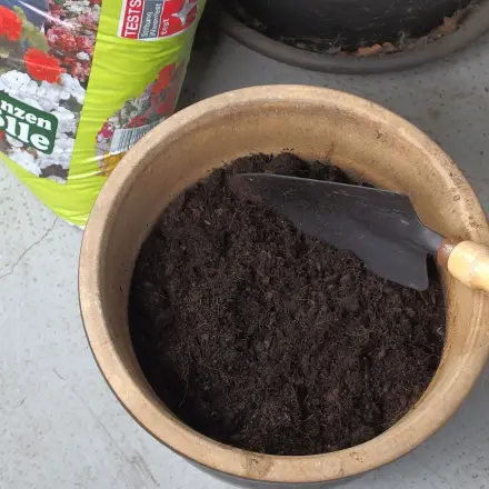 Pflanzenerde griffbereit in Blumentöpfen / Blumenkübel