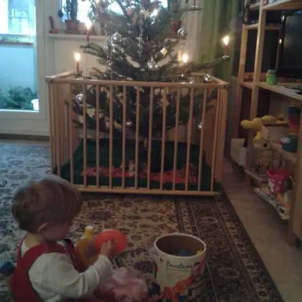 Weihnachtsbaum und Krabbelkind im Haushalt