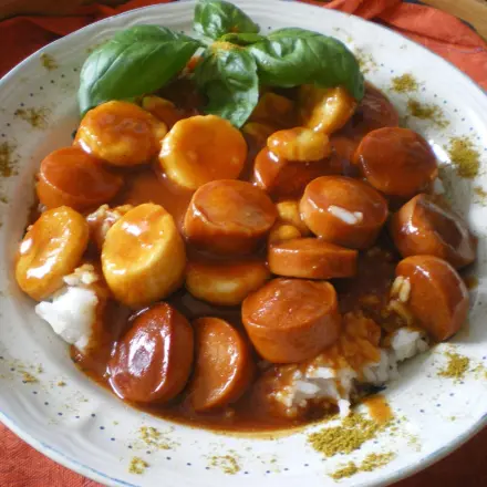 Currywurst mit viel Soße und Banane