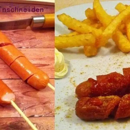 Würstchen lockig schneiden und braten