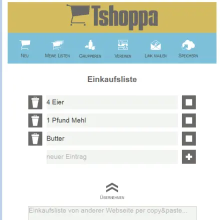 Einkaufsliste für Online Rezepte zusammenstellen