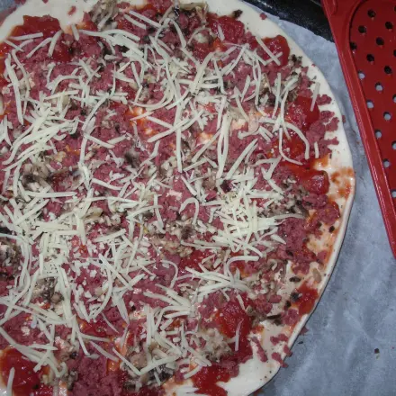 Pizzabelag: geriebene scharfe Knoblauchsalami (SUCUK)