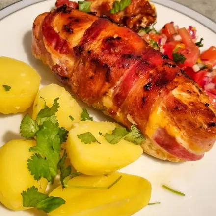 Hähnchenbrüstchen mit Frühstücksspeck aus dem Ofen