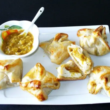 Blätterteignester mit Ziegenkäsetalern und scharfem Relish