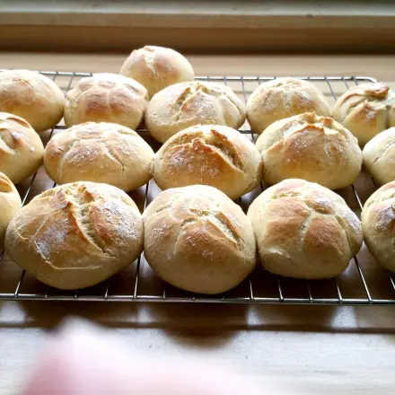 Helle Knusperbrötchen mit Brötchenstempel (Übernachtgare)