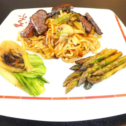 Steak Teriyaki mit Pak Choi und grünem Spargel