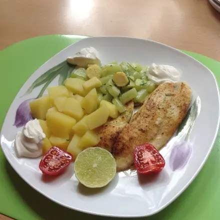 Tilapia-Fischfilet mit Salzkartoffeln & Schmorgurken