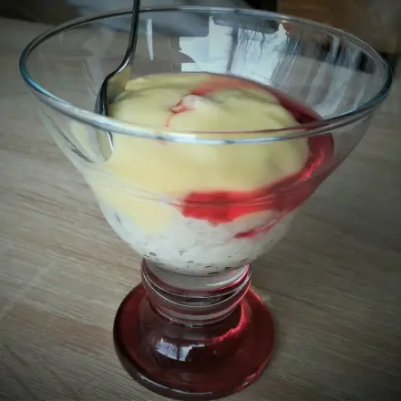 Hafer-Reis-Dessert mit Vanilletopping und Fruchtsirup