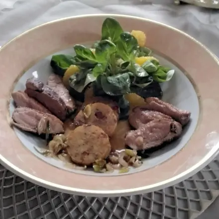 Entenbrust mit Orangensoße und Semmelknödel Taler